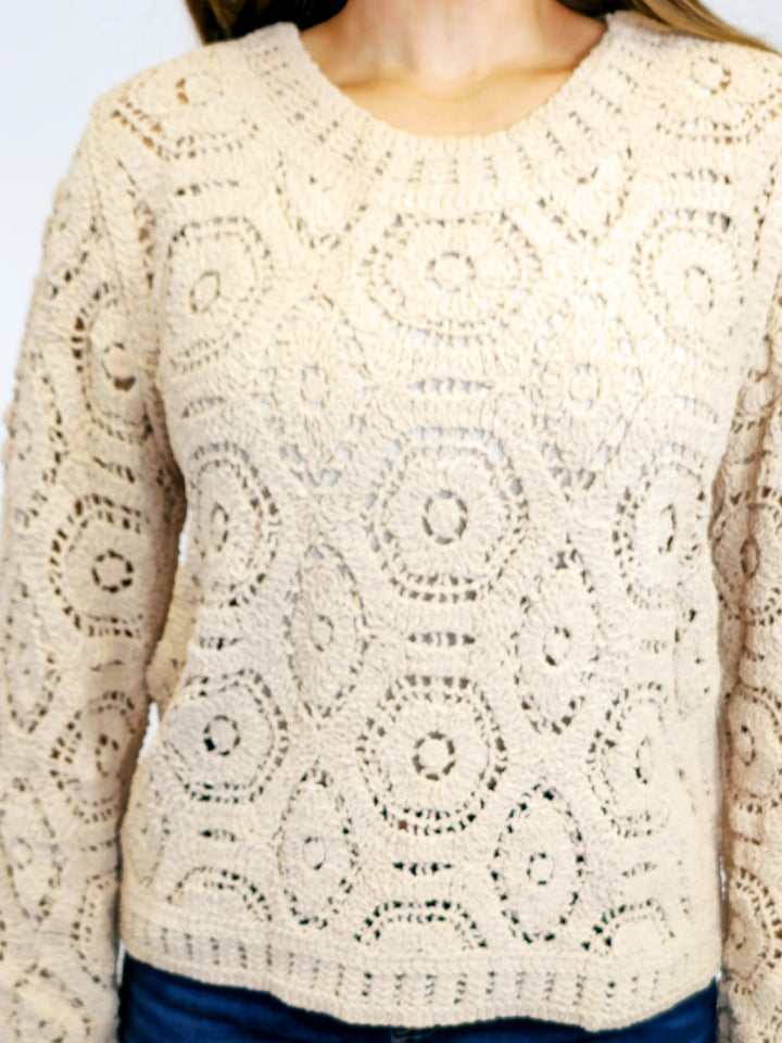 OPEN KNIT CROCHET SOLID SWEATER - MOCHA