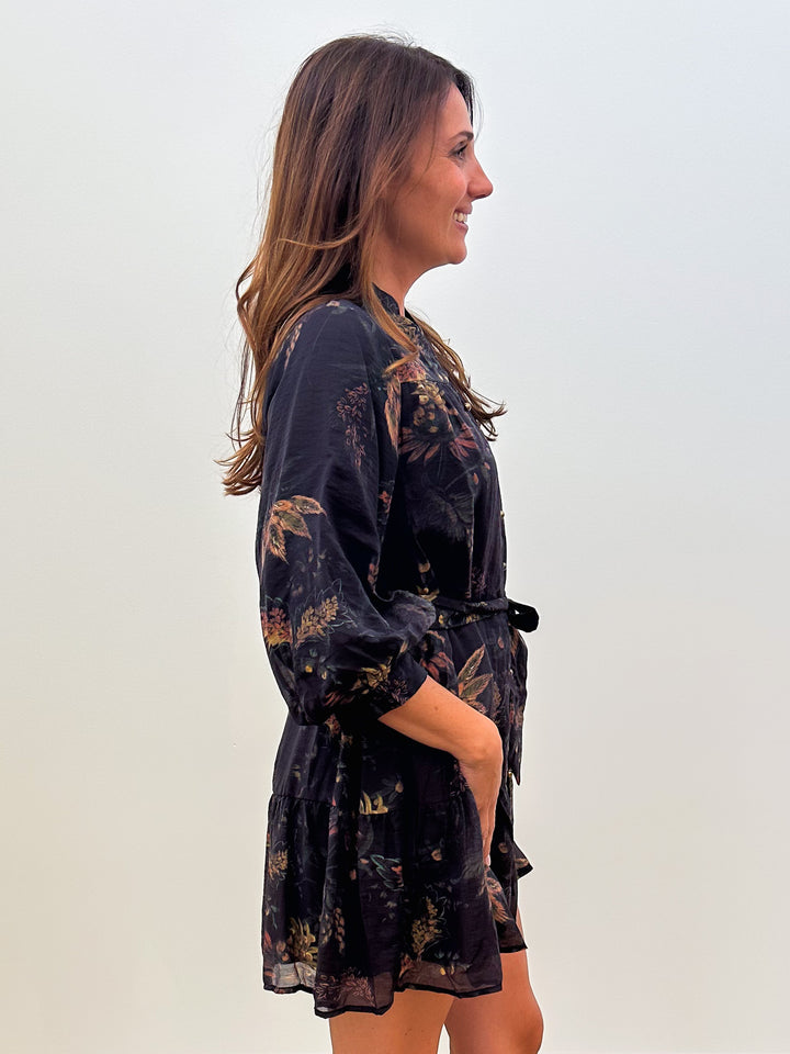 3/4 BALLOON SLEEVE FLORAL SHORT DRESS W/BELT - CHOCOLATE CAMEL