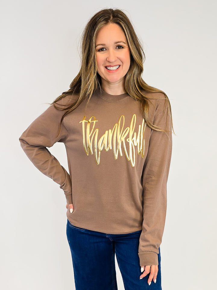 GOLD METALLIC 'THANKFUL' LONG SLEEVE TEE - ESPRESSO