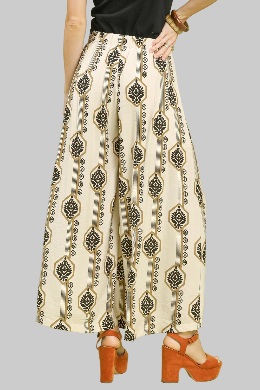 GEOMETRIC BOHO PRINT WIDE LEG PANTS - BLACK