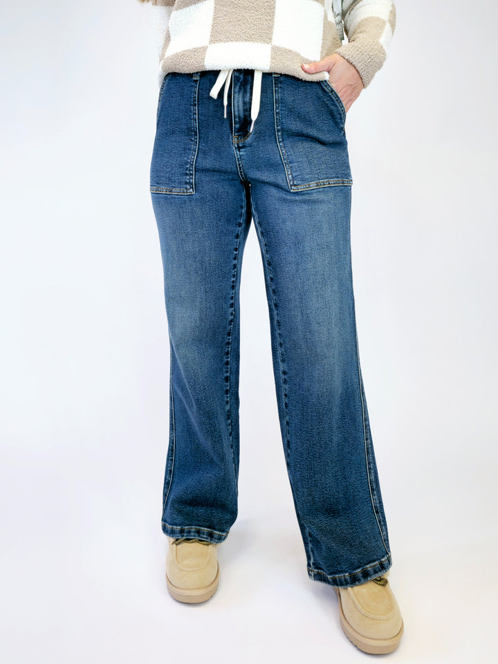 JUDY BLUE HIGH WAIST DRAWSTRING WIDE LEG JEANS - MEDIUM - 31.5" INSEAM