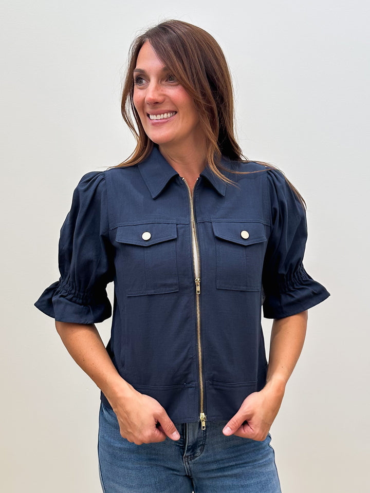 SELINE PUFF SLEEVE COLLARED ZIPPER FRONT JACKET - NAVY