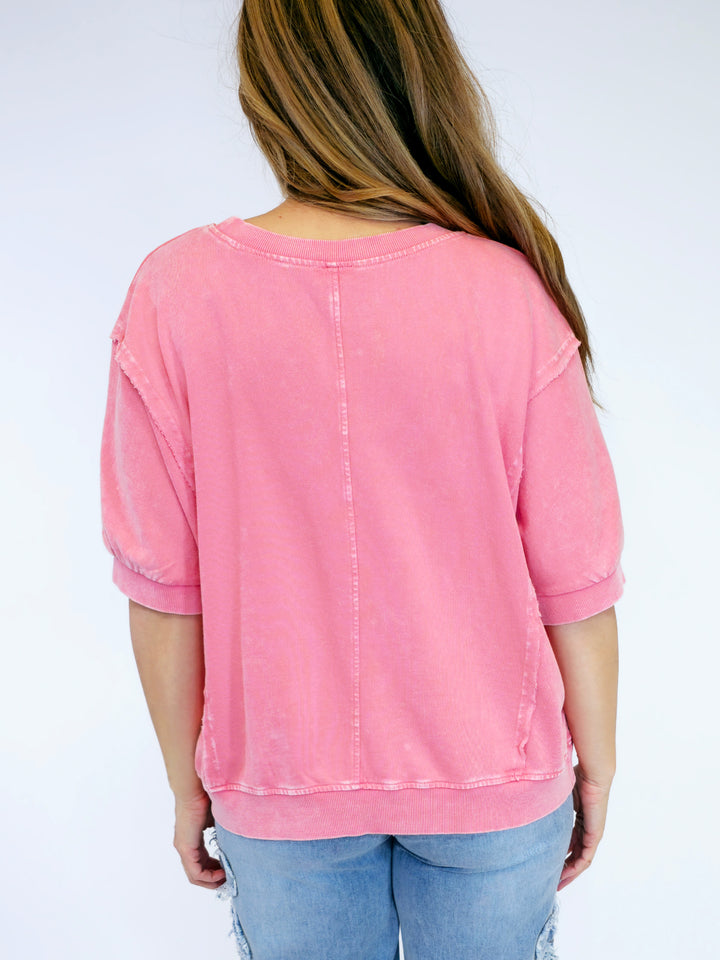 SHORT SLEEVE DAISY PATCH TOP - CORAL ROSE