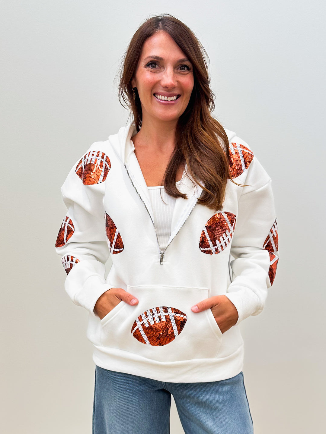 Game Day Sequin Half-Zip Hoodie - White