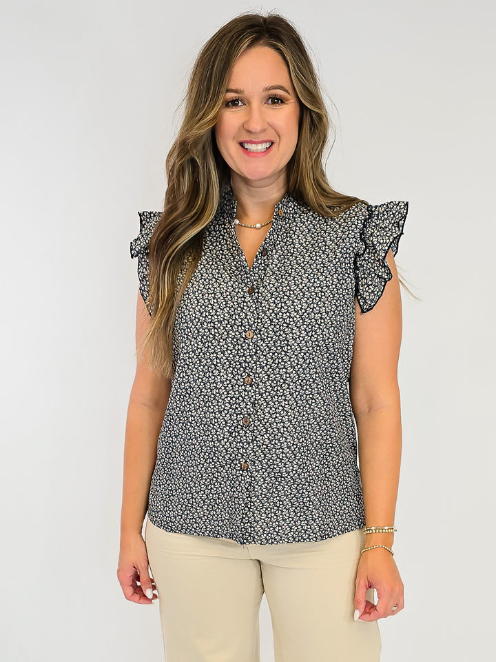 RUFFLE SLEEVE DITSY FLORAL BUTTON TOP - BLUE