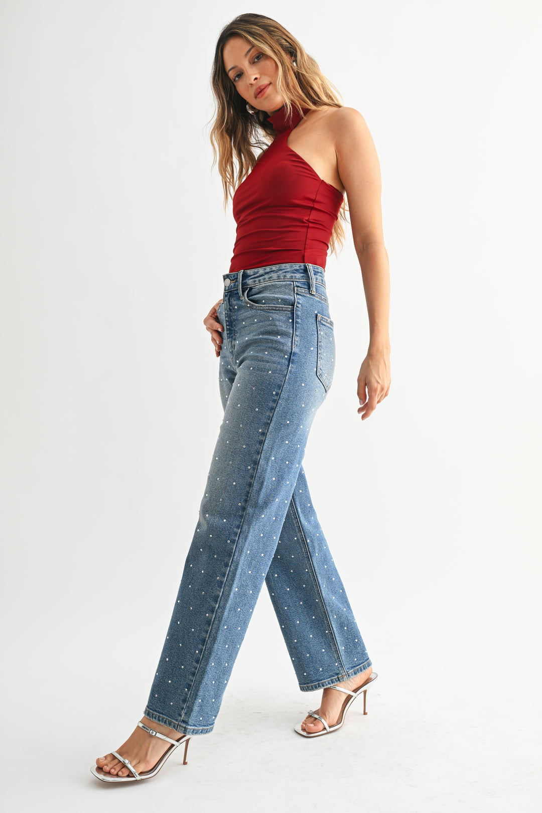 JBD HIGH RISE VINTAGE STRAIGHT JEANS - RHINESTONE - 29" INSEAM