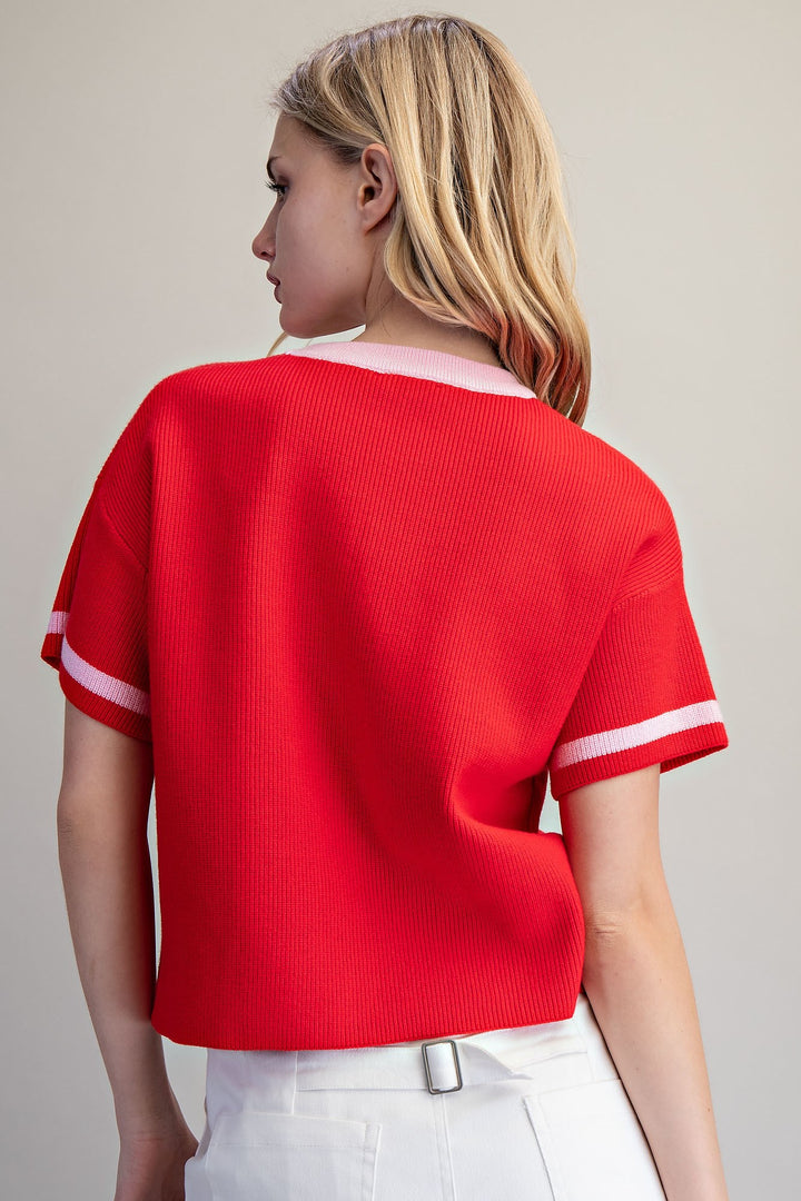 SHORT SLEEVE CONTRAST KNIT TOP - TOMATO