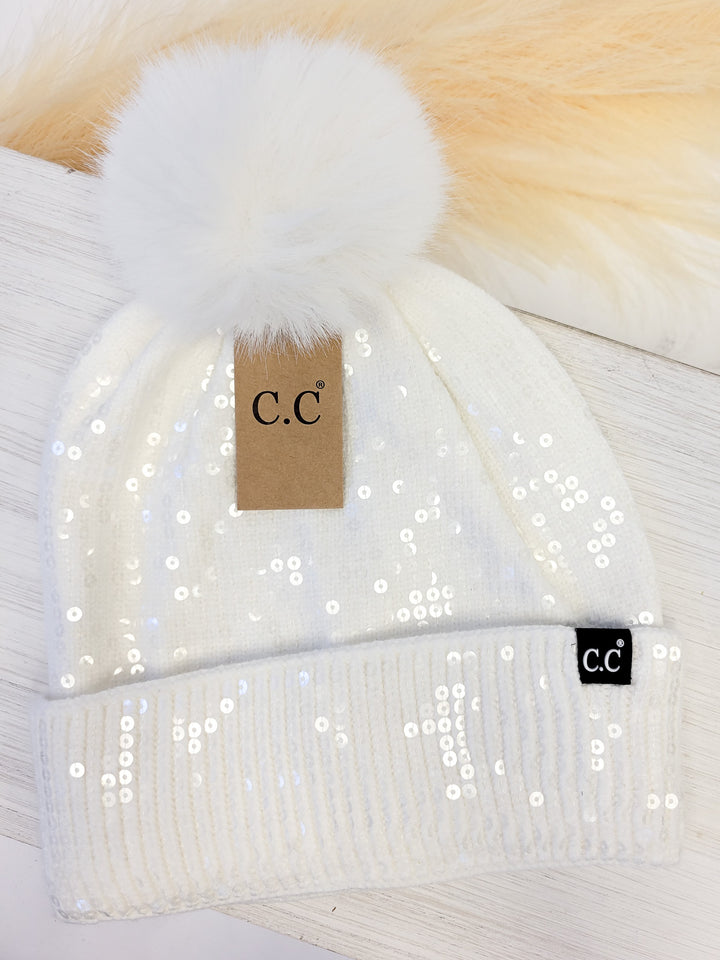 SEQUIN POM BEANIE HAT, IVORY