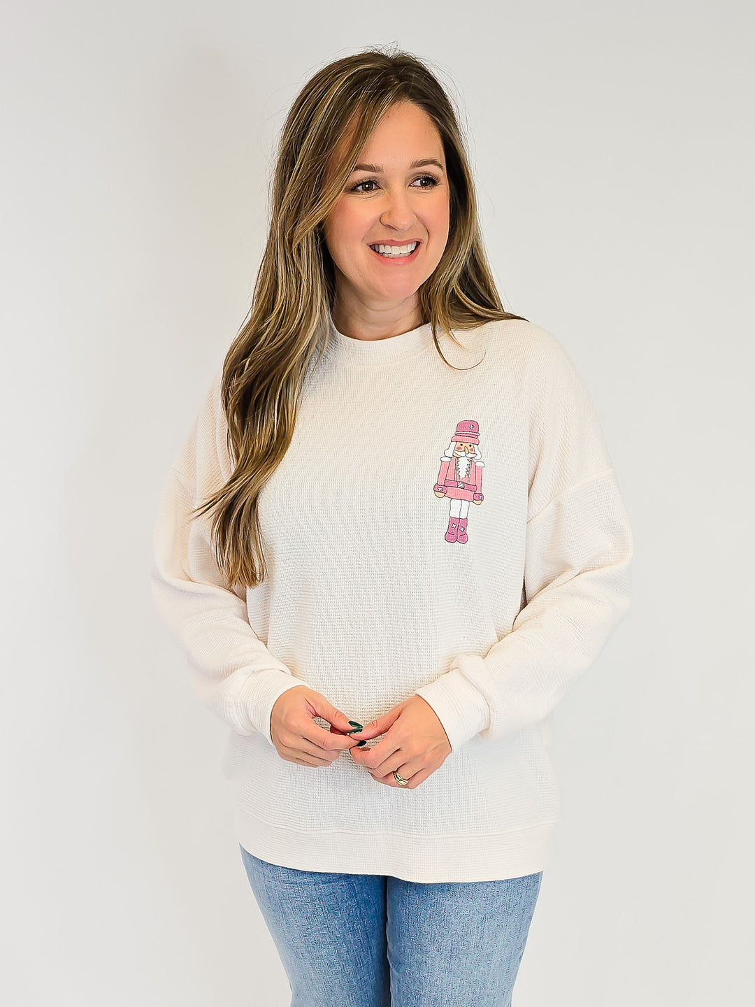NUTCRACKER PINK COOKIE GRAPHIC CLOUDY KNIT TOP - CREAM