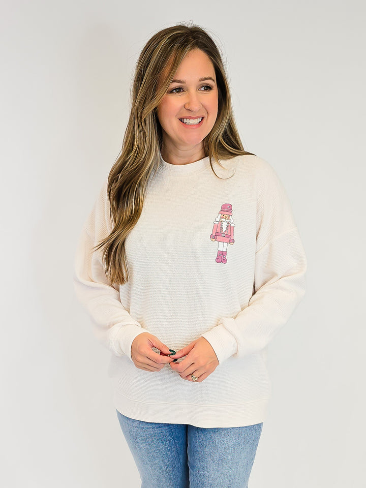 NUTCRACKER PINK COOKIE GRAPHIC CLOUDY KNIT TOP - CREAM