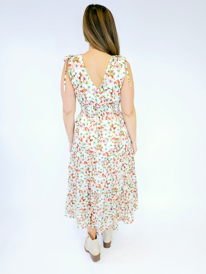 FLORAL V-NECK MIDI DRESS - POPPY