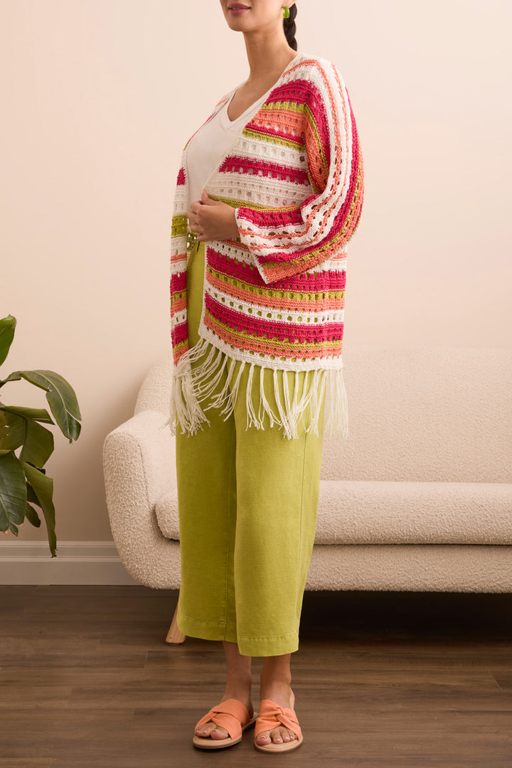 3/4 SLEEVE FRINGED HEM OPEN STITCH STRIPED CARDIGAN - KEYLIME/FUCHSIA