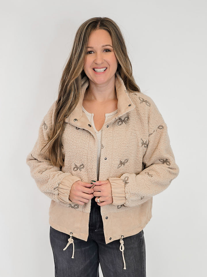 BOW EMBROIDEREY MIXED JACKET - OATMEAL