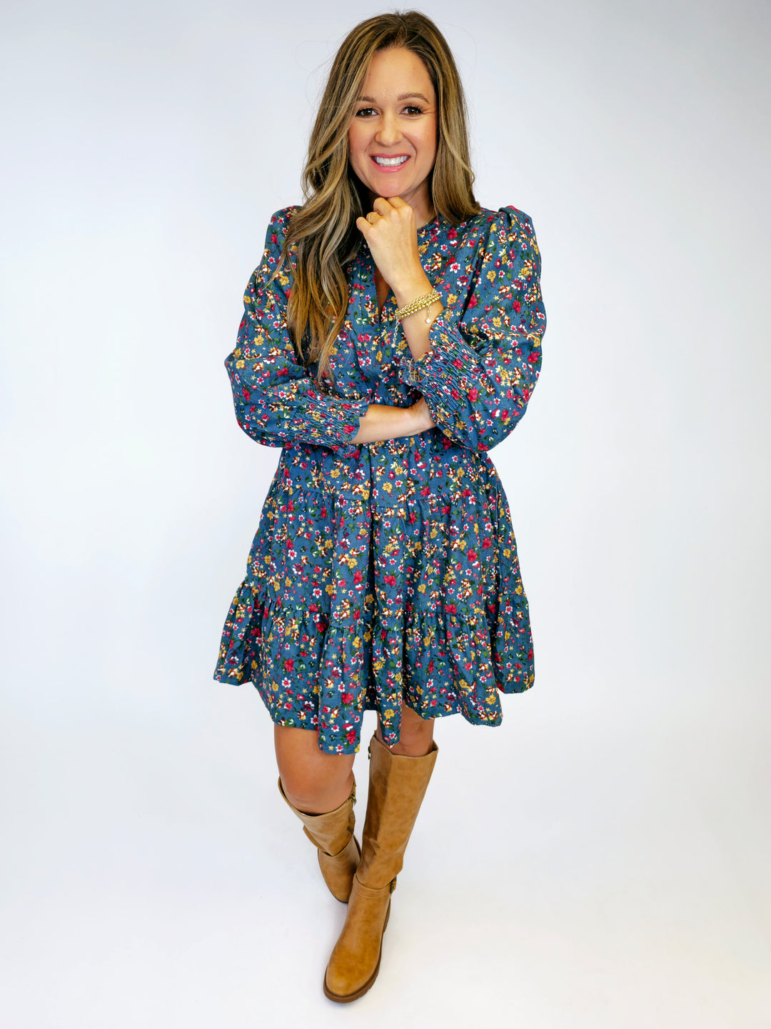 FLORAL CORDUROY TIERED SMOCKED LONG SLEEVE DRESS - DUSTY BLUE