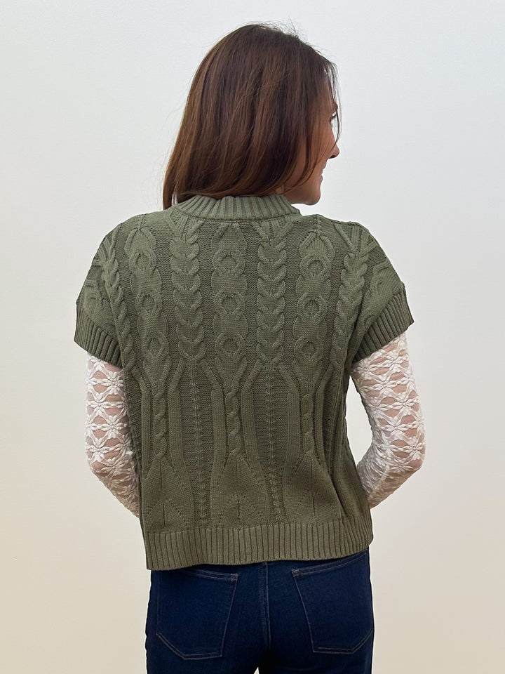 SHORT SLEEVE DROPPED SHOULDER CABLE KNIT SWEATER - OLIVE
