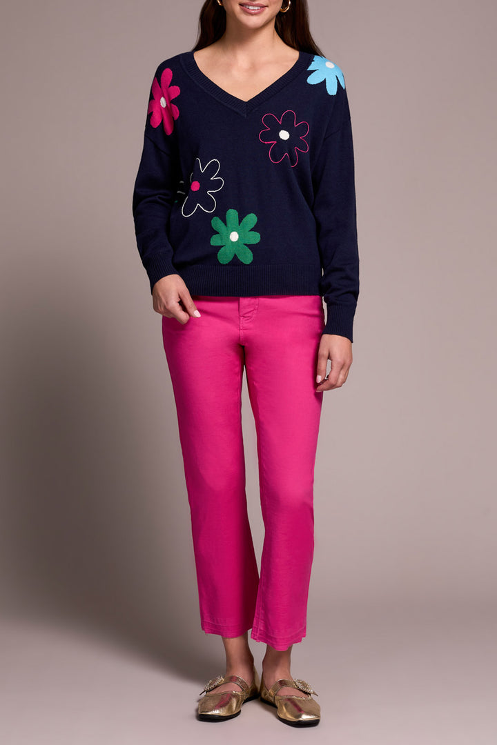 V-NECK JACQUARD EMBROIDERED SWEATER - NIGHT FALL