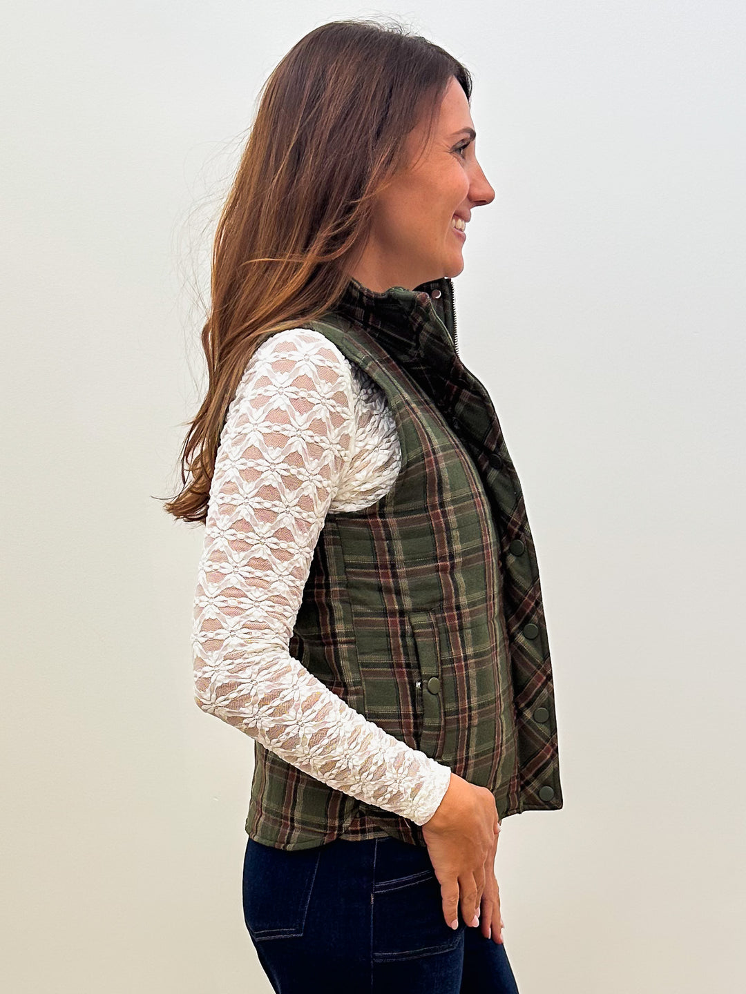 POLAR COLLAR ZIP UP PLAID PUFFER VEST - OLIVE