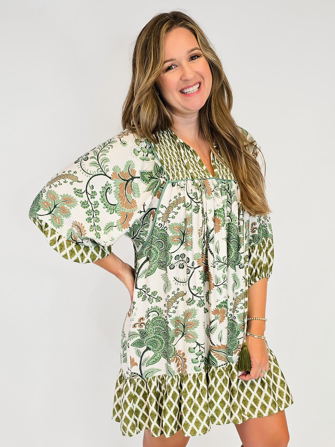 MIXED PRINT SMOCKING DETAIL DRESS - SAGE