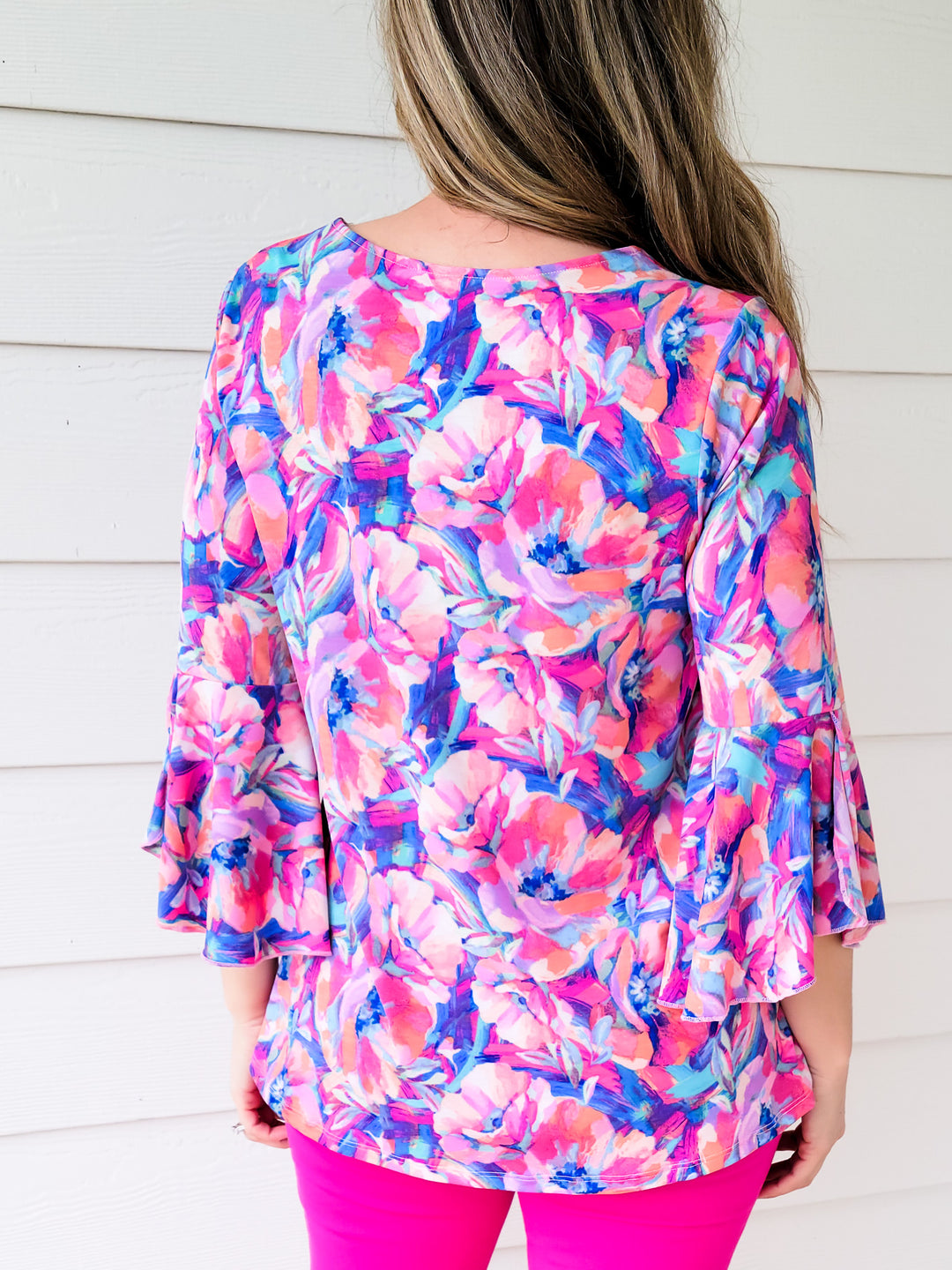 DEAR SCARLETT STRETCHY TIE FRONT TOP 3/4 SLEEVES - ROYAL PINK FLOWER