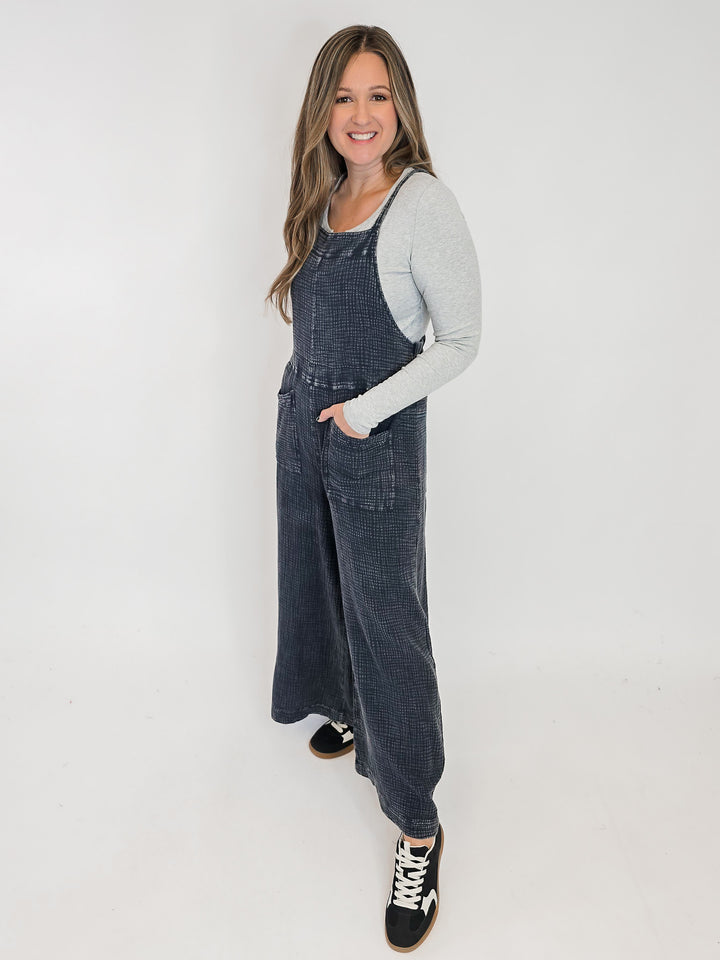 WASHED COTTON WIDE LEG JUMPSUIT - FADED DENIM