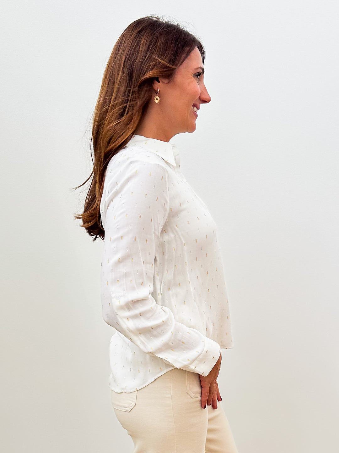 L/S BUTTON DOWN CLIP DOT BLOUSE - WHITE
