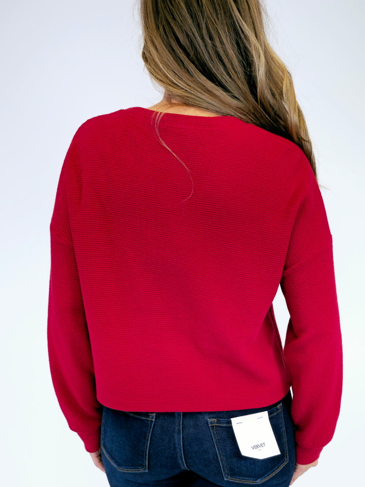 CLOUDY KNIT LONG SLEEVE CROP TOP - BURGUNDY