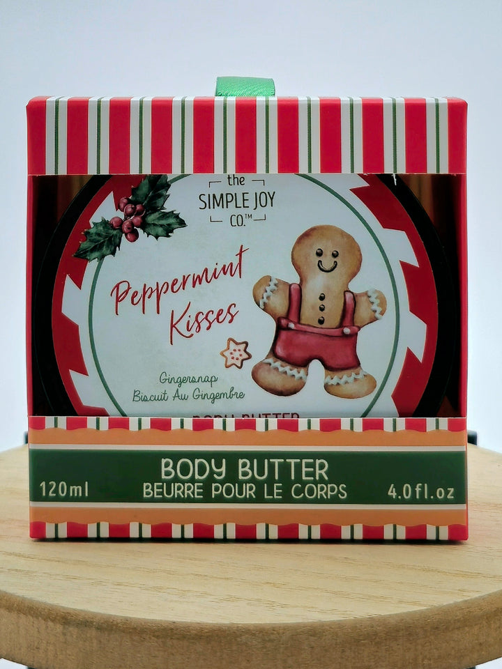 HOLIDAY SCENT BODY BUTTER 4OZ, PEPPERMINT KISSES - GINGERSNAP