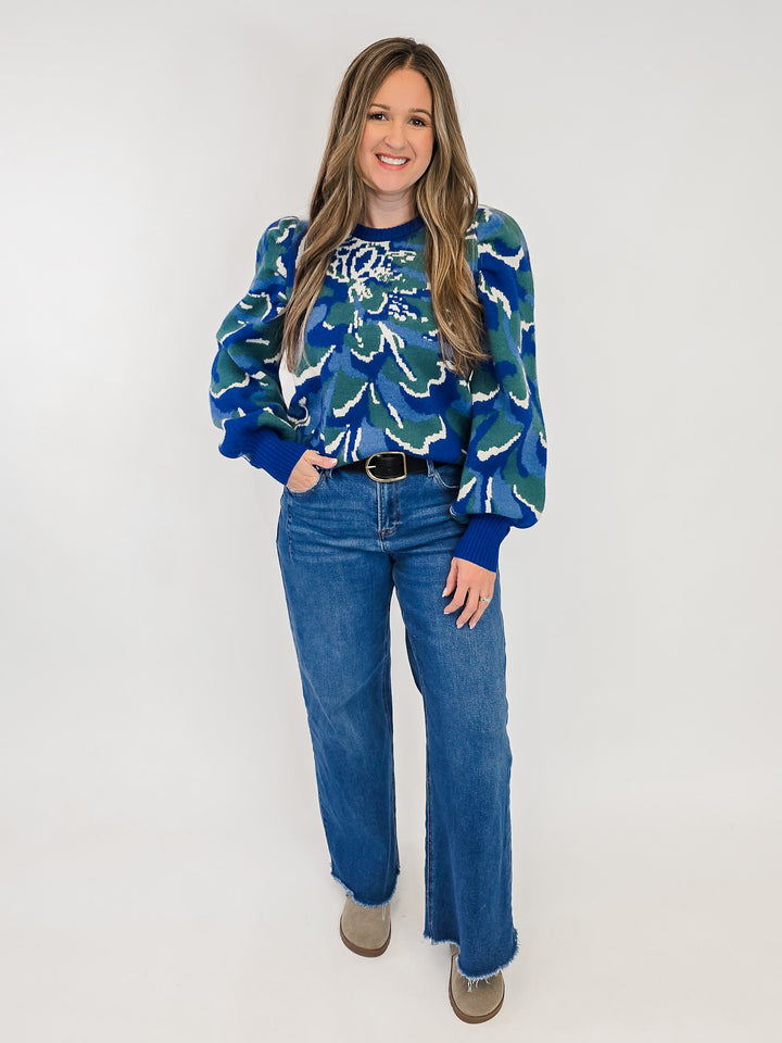 PLEATED LONG PUFF SLEEVE FLORAL SWEATER - BLUE
