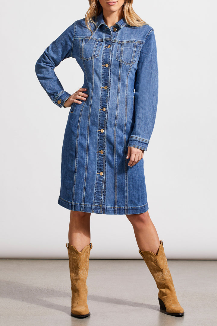 LONG FITTED DENIM DRESS JACKET - PORT BLUE