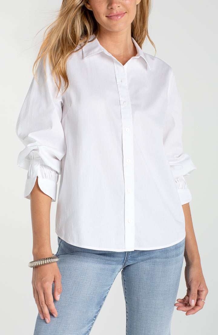 ADJUSTABLE SLEEVE BUTTON FRONT WOVEN TOP - WHITE