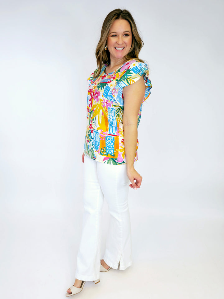 DOUBLE RUFFLE SLEEVE FLORAL ABSTRACT TOP - BLUE