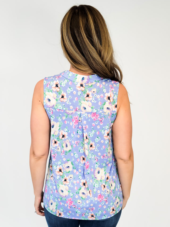 DEAR SCARLETT STRETCHY SLEEVELESS LIZ TOP - LAVENDER YELLOW FLOWER