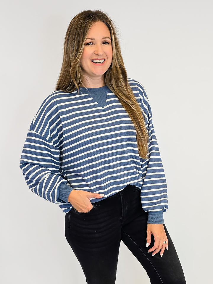 STRIPED CLOUDY KNIT L/S TOP - DENIM