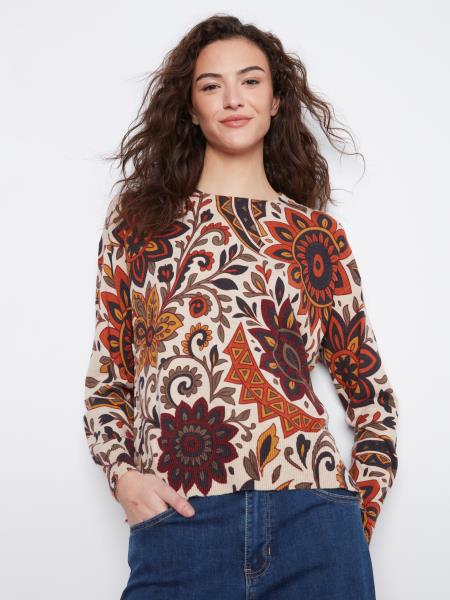 L/S DROP SHOULDER CREW NECK PRINTED SWEATER WITH SIDE BUTTON DETAILS - RIO