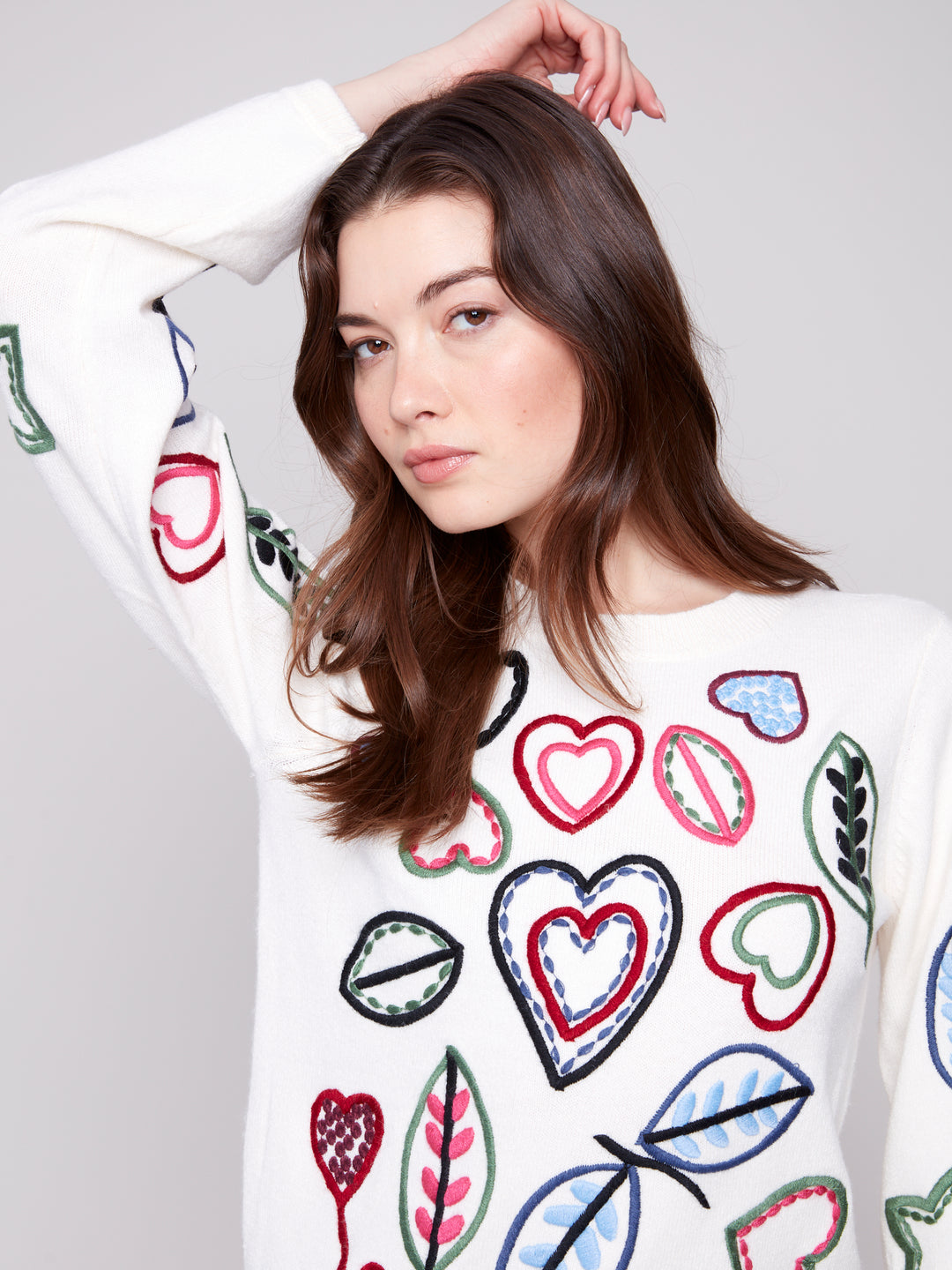 EMBROIDERED CREW NECK SWEATER W/PUFF SLEEVES - ECRU