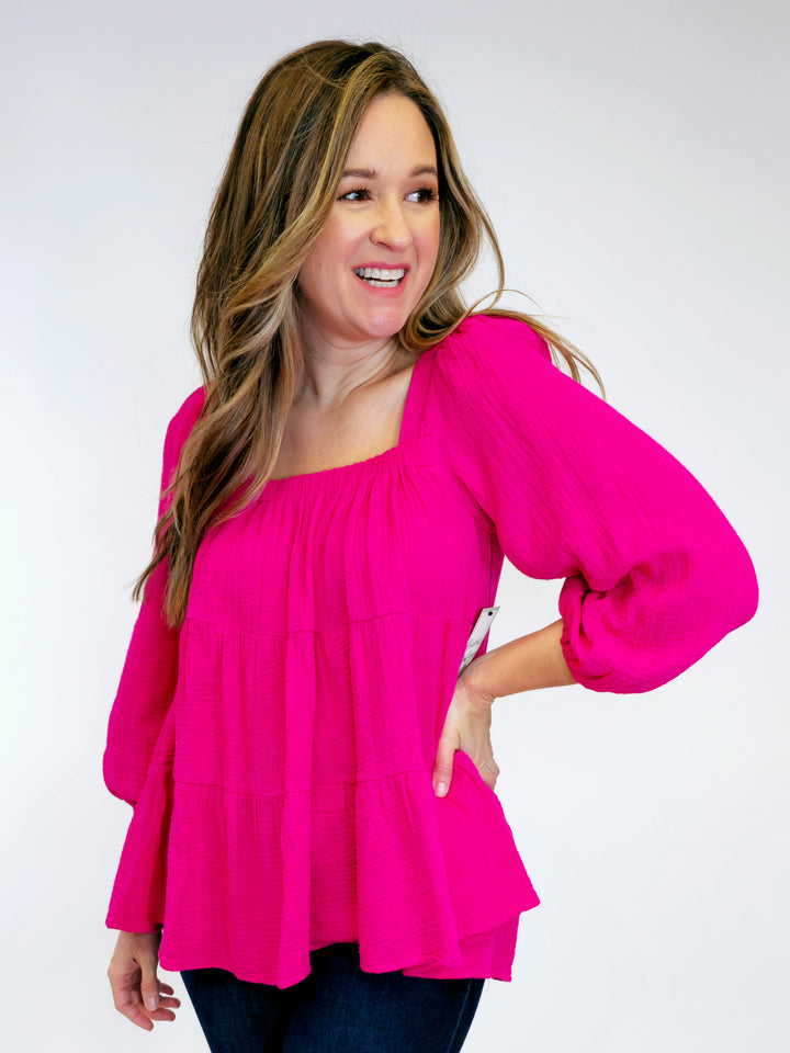 3/4 SLEEVE TIERED GAUZE TOP - FUCHSIA