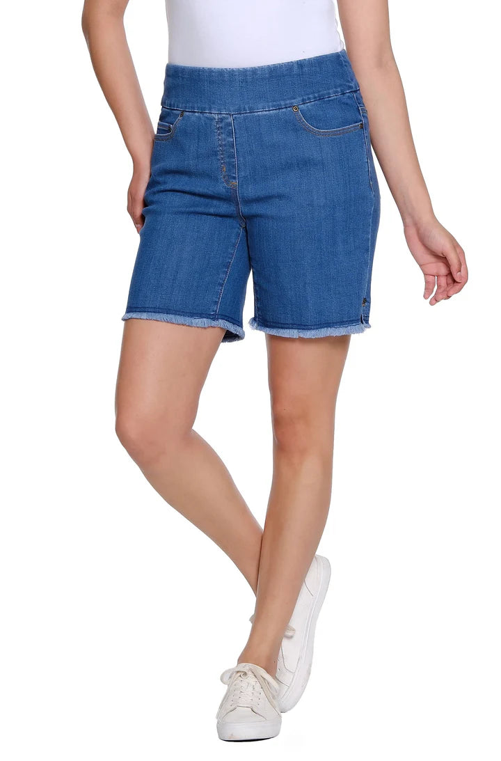 PULL ON 5 POCKET FRINGE HEM SHORTS - MED INDIGO