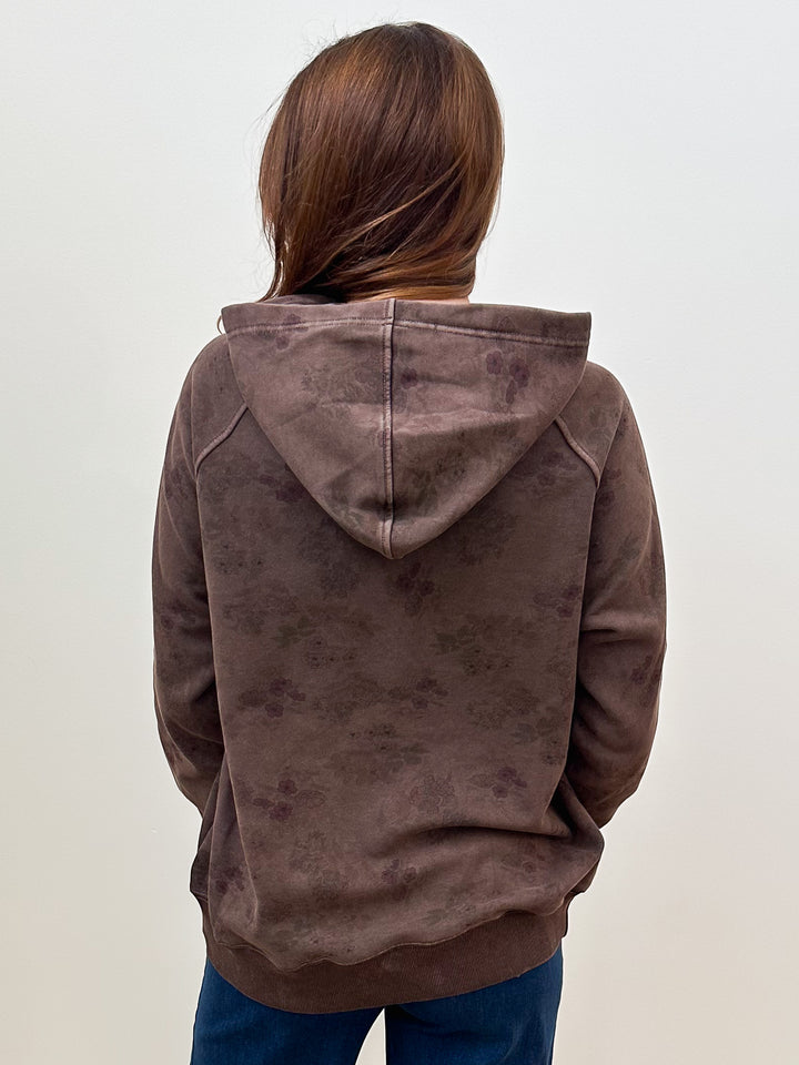 BRUSHED TERRY FLORAL HOODIE PULLOVER - CHOCOLATE BROWN