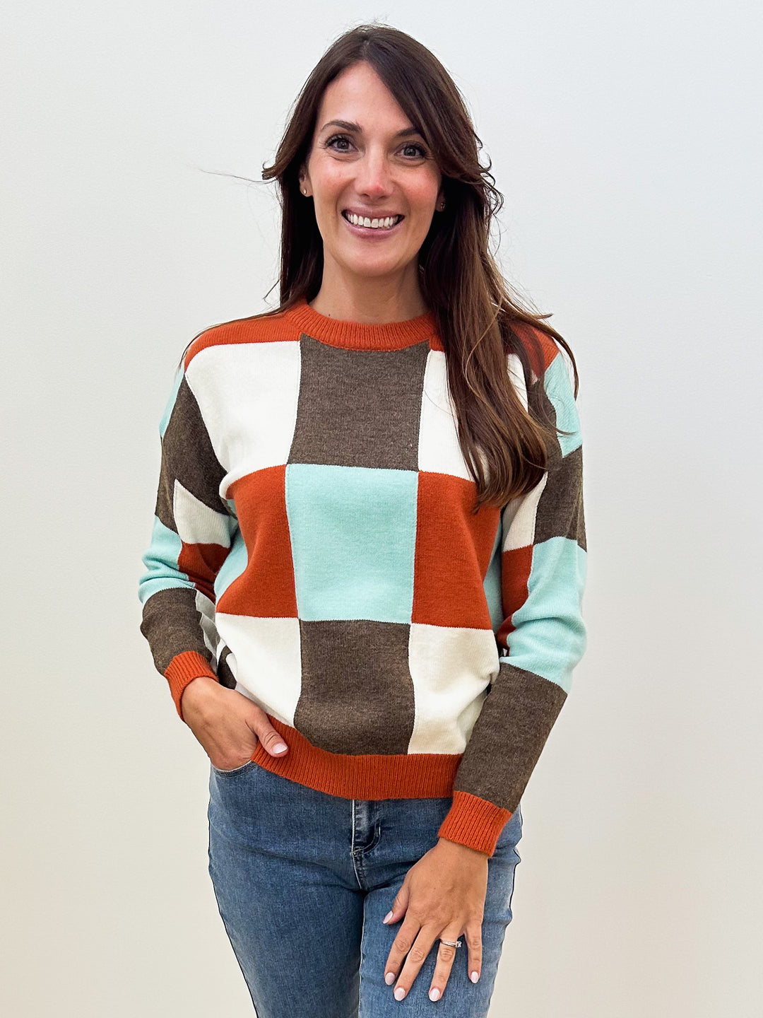 LONG SLEEVE MULTI CHECKERED SWEATER - BROWN COMBO