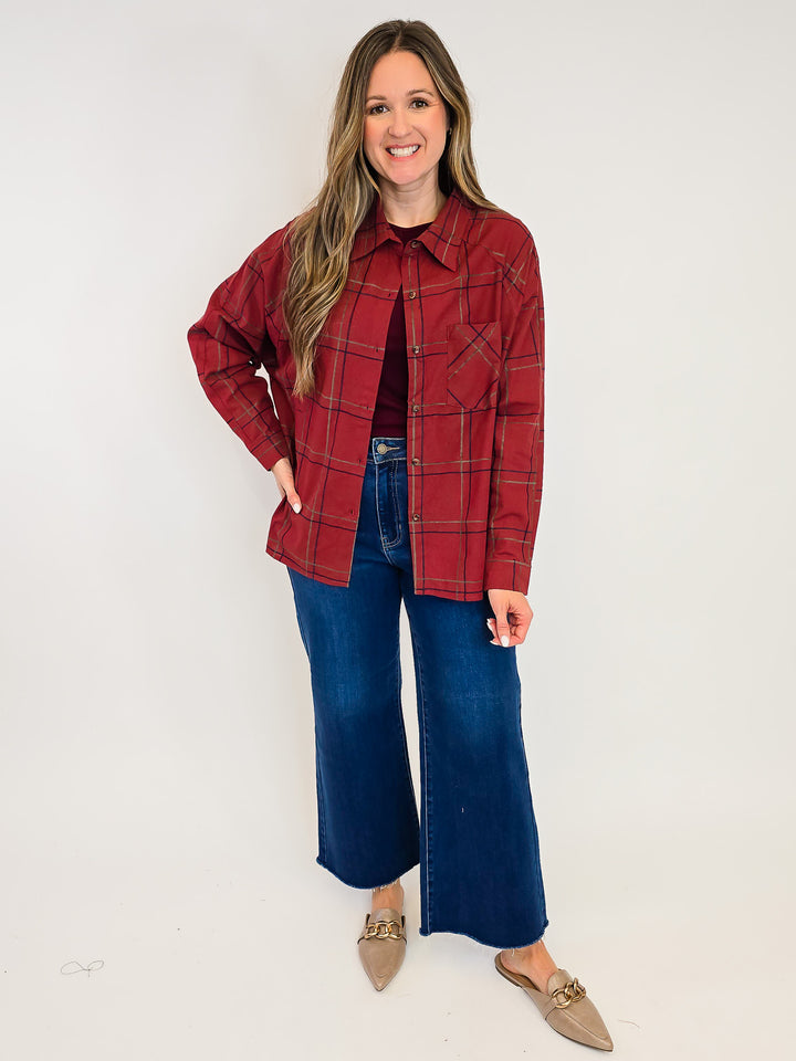 COLLARED CHECK PATTERN LONG SLEEVE SHIRT - BRICK