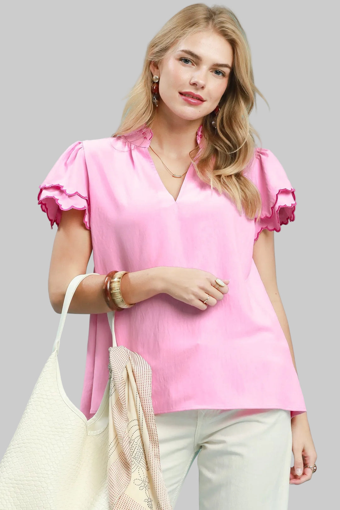 BUBBLE FLUTTER SLEEVE SCALLOPED FRILLED DETAIL NECK TOP - PEONY