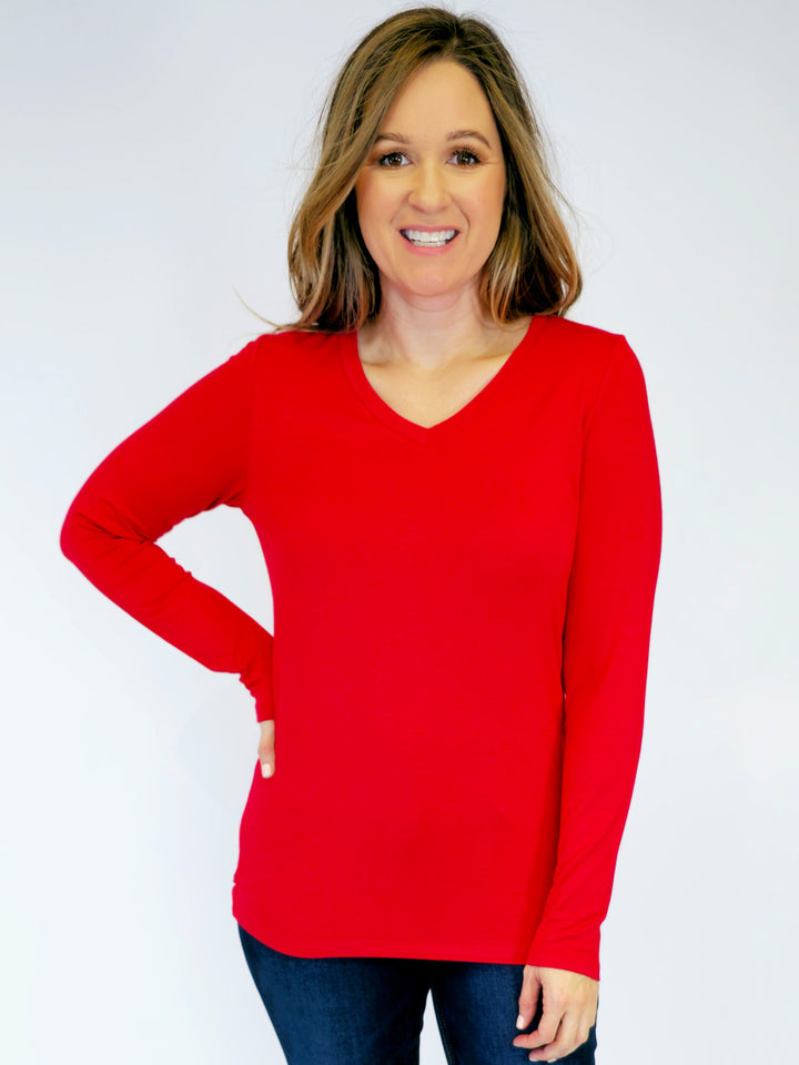 LARISSA LONG SLEEVE V-NECK TEE - RED