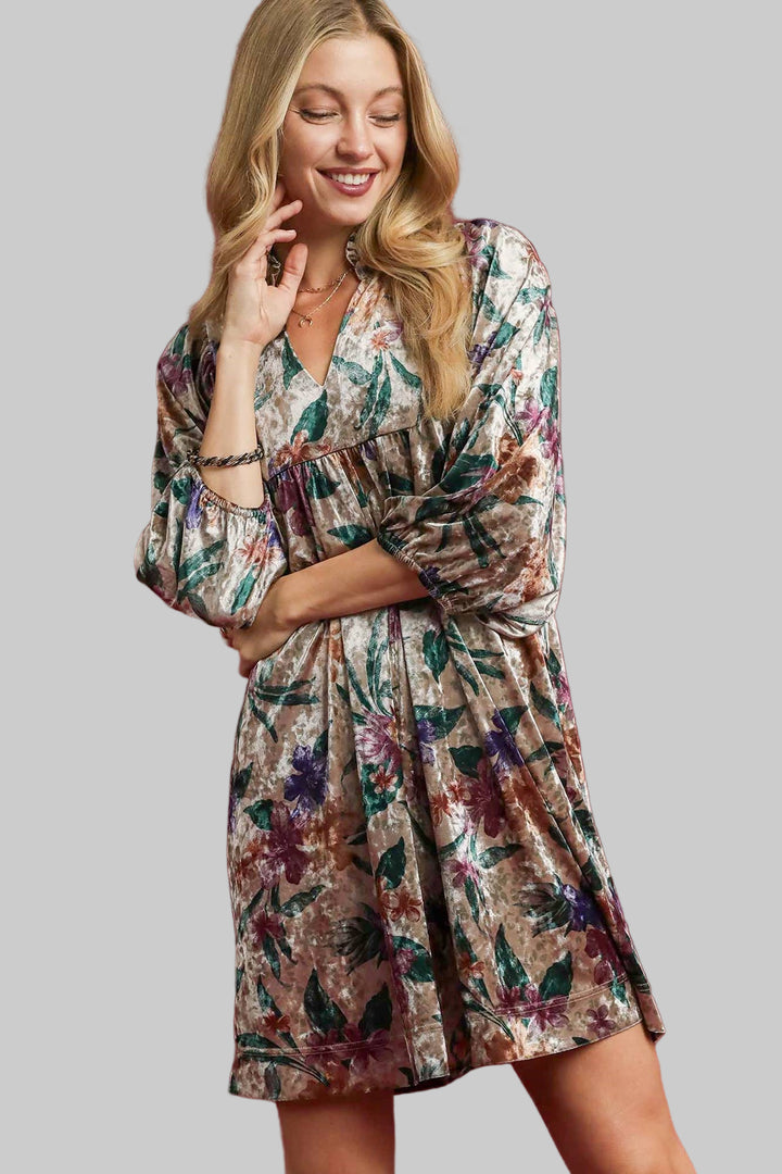 VELVET FLORAL PRINT BALLOON SLEEVE SHORT DRESS - TAN/DARK GREEN MIX