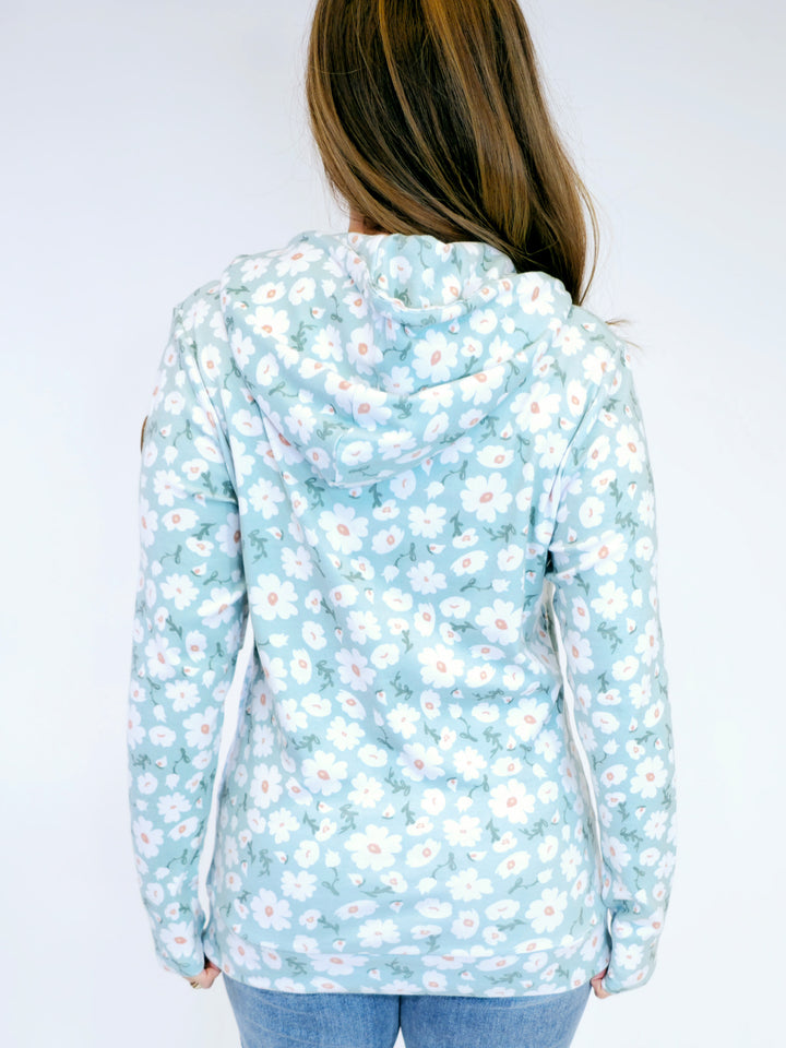 HALF ZIP FLORAL HOODIE - GREEN