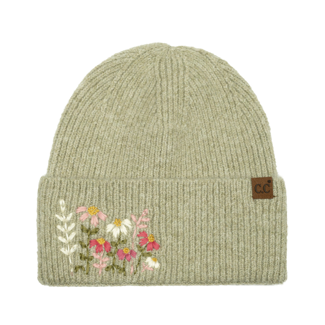 FLORAL EMBROIDERED BEANIE - SAGE