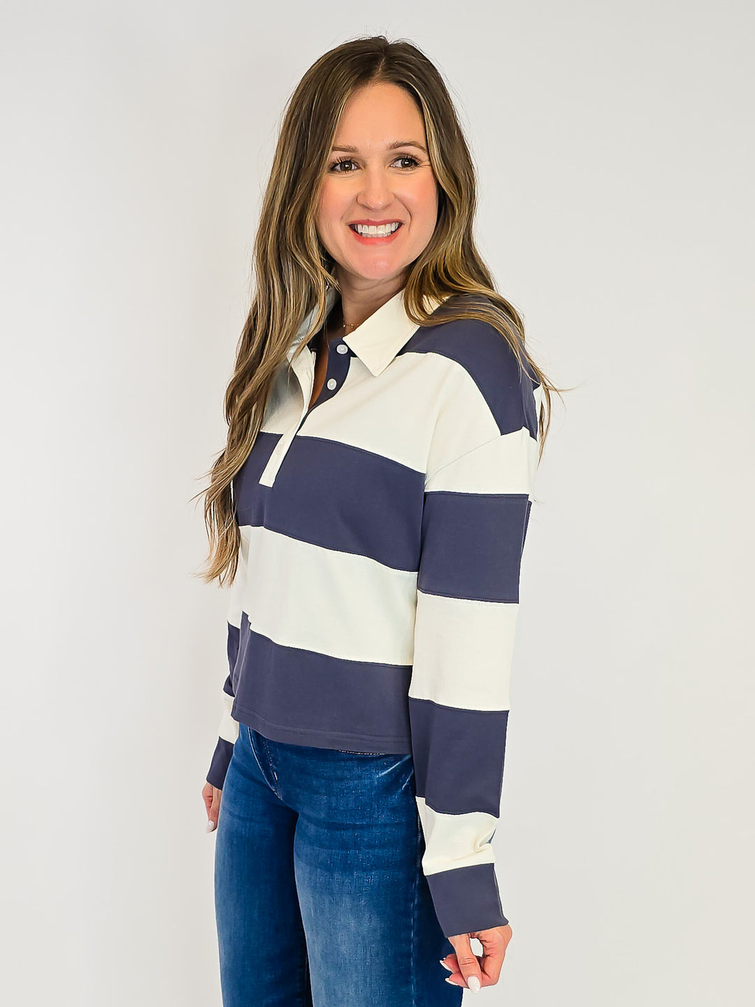 WIDE STRIPED COLLARED DELTA TOP - NAVY IVORY