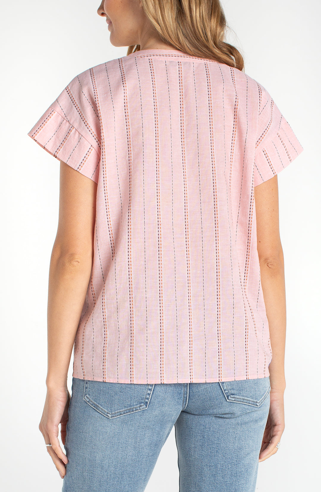 SHORT SLEEVE POPOVER WOVEN TOP - PINK MULTI STRIPE