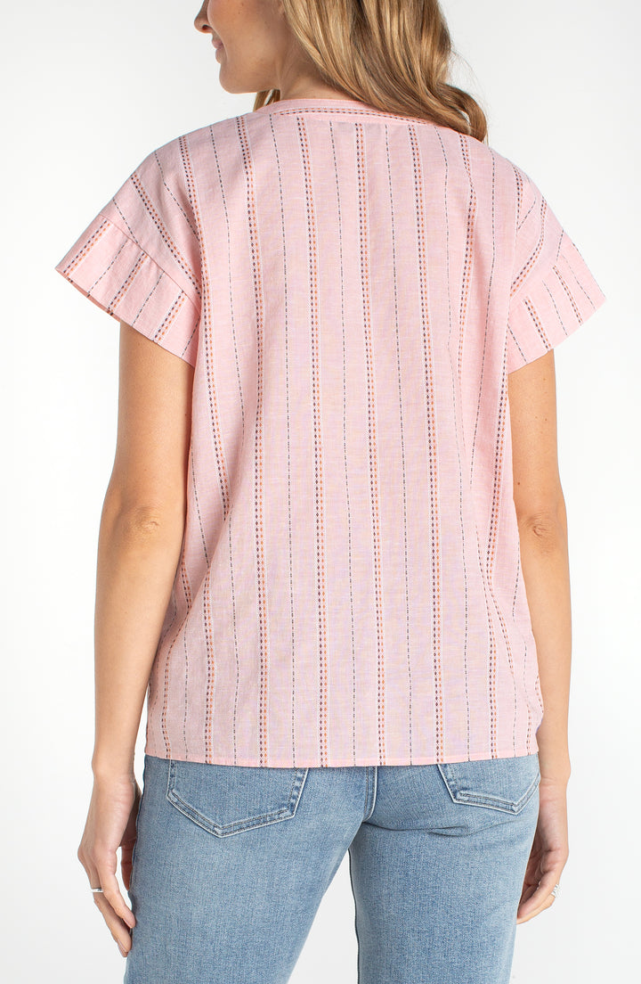 SHORT SLEEVE POPOVER WOVEN TOP - PINK MULTI STRIPE