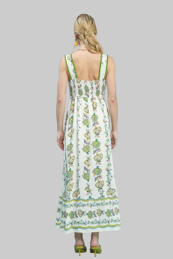 WIDE STRAP FLORAL PRINT TIERED MIDI DRESS - GREEN
