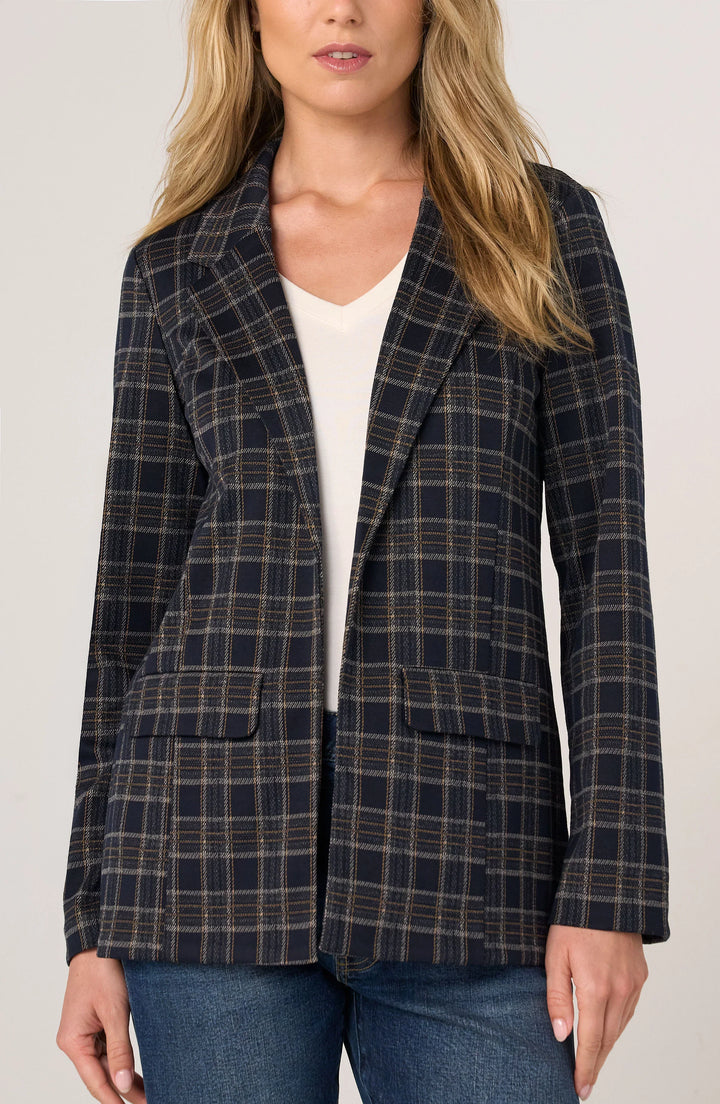 PETITE BOYFRIEND BLAZER - NAVY/TAN PLAID
